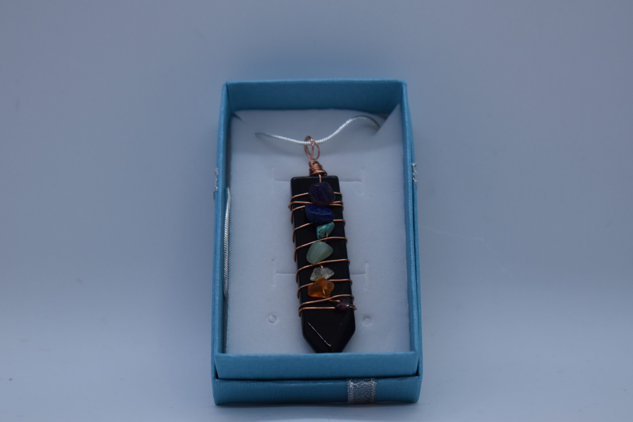 Black Obsidian Stone Wrapped with Chakra Stones Necklace