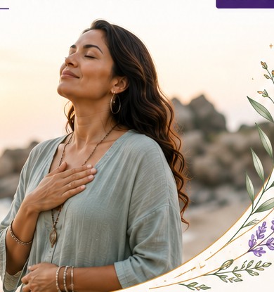Woman at the beach with hand over heart, representing peace, self-respect, and empowered boundaries.