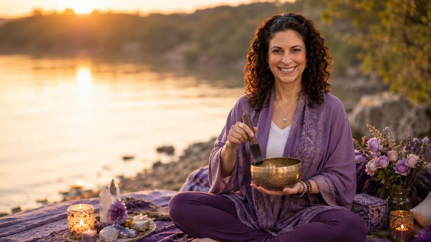 Kelly Neylan seated beside a peaceful lakeshore with a singing bowl and sacred objects, representing Sacred Healing Journeys at Lasting Light Wellness.