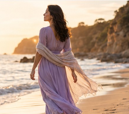 Woman walking along a coastal path in a cream dress and lavender wrap, representing emotional release and renewal in the Release the Past, Reclaim Your Light journey.