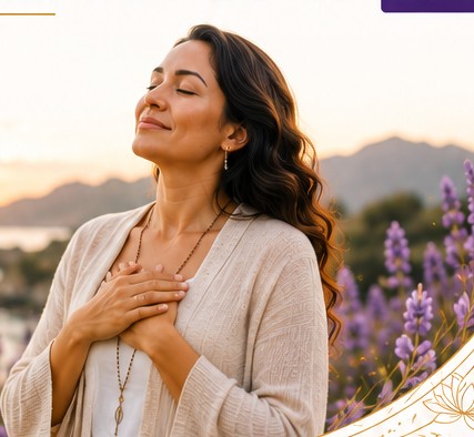 Mature woman of color standing by the water at sunset with hands over her heart, representing wholeness, peace, and reconnection.